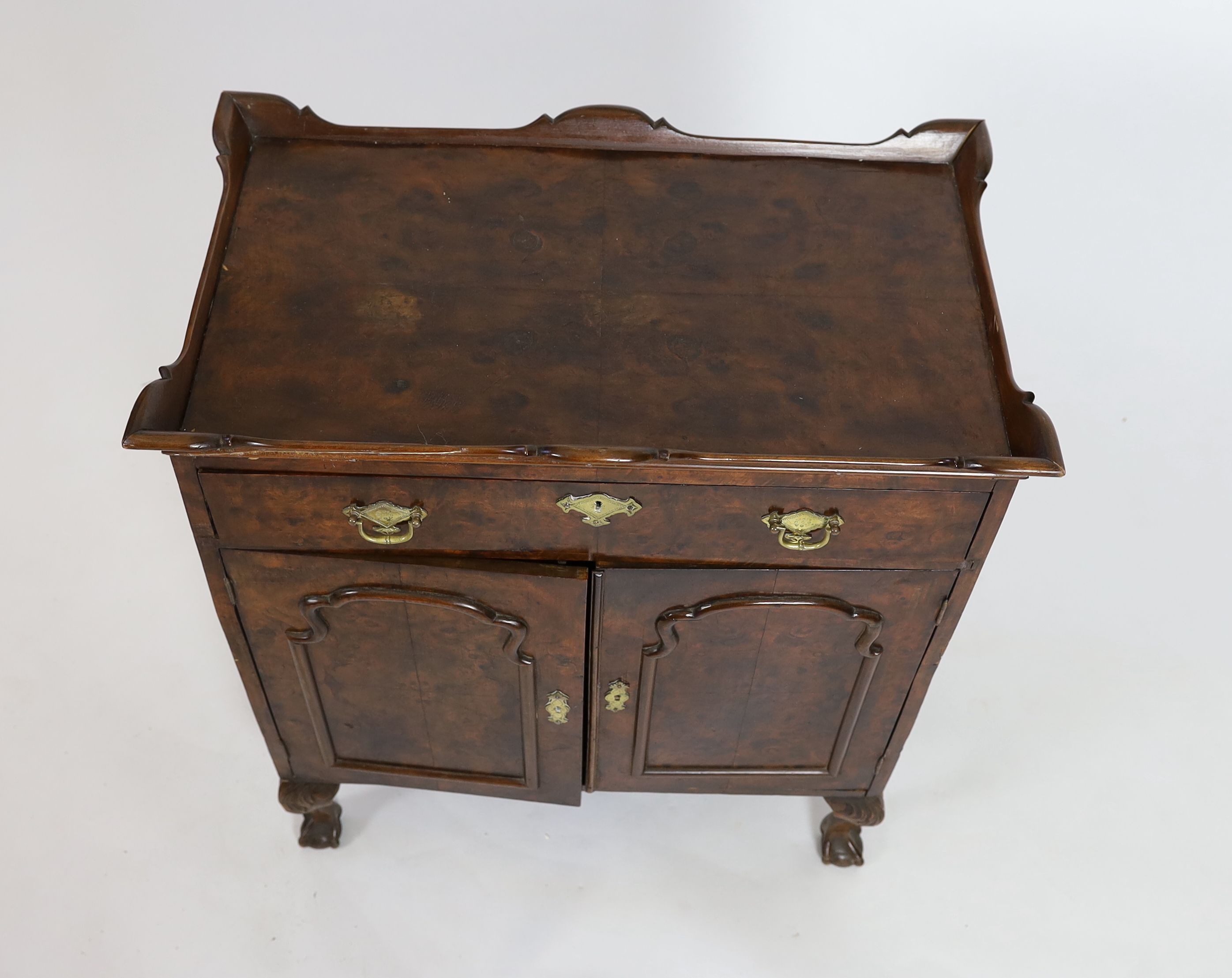 An early 20th century George I style walnut tray topped side cabinet, width 71cm depth 42cm height 82cm